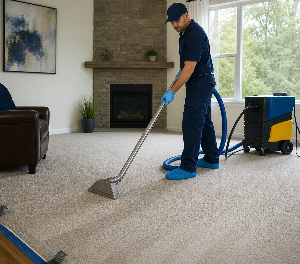 Technician performing professional hot water extraction on wall-to-wall carpet in a Medford living room with neatly managed hoses and furniture tabs