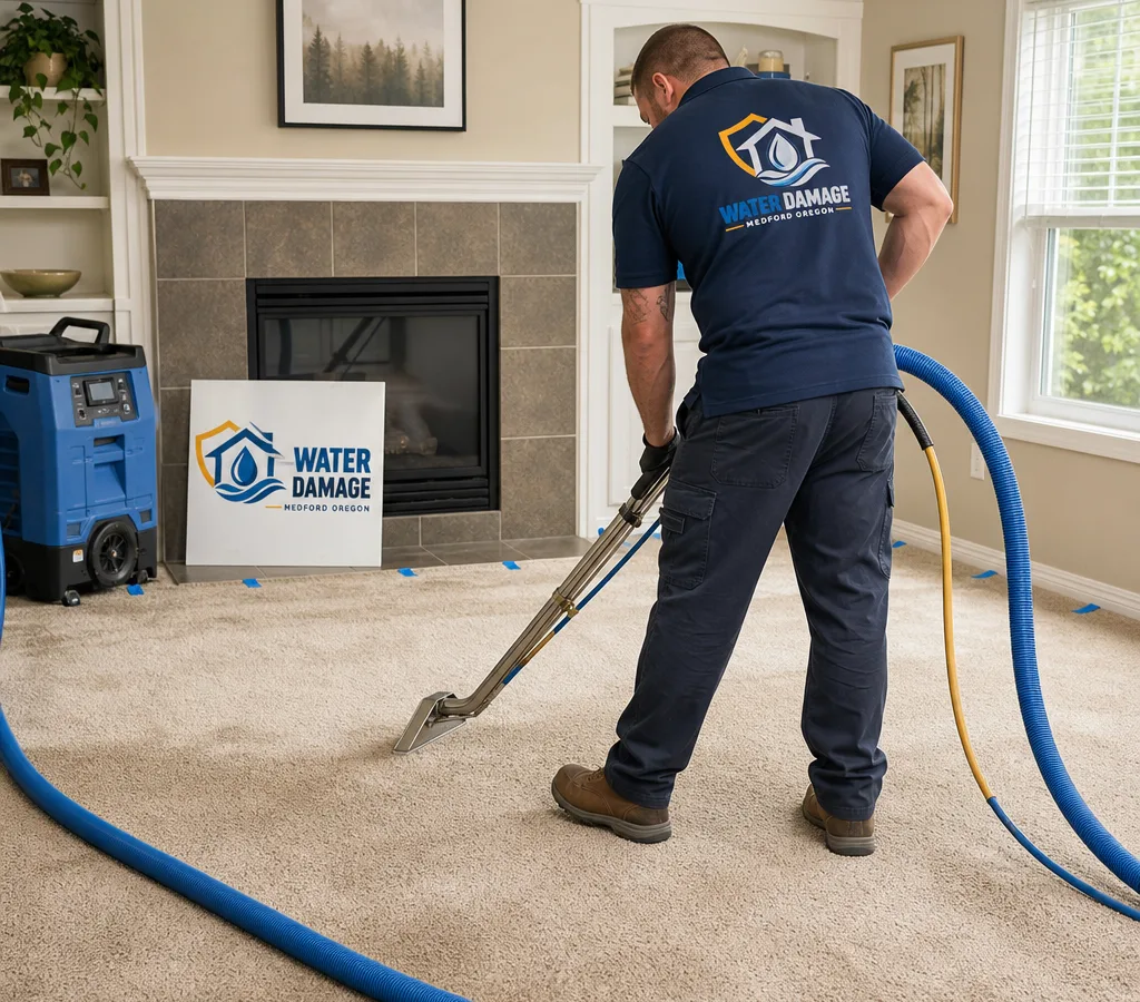 Technician performing professional hot water extraction on wall-to-wall carpet in a Medford living room with neatly managed hoses and furniture tabs