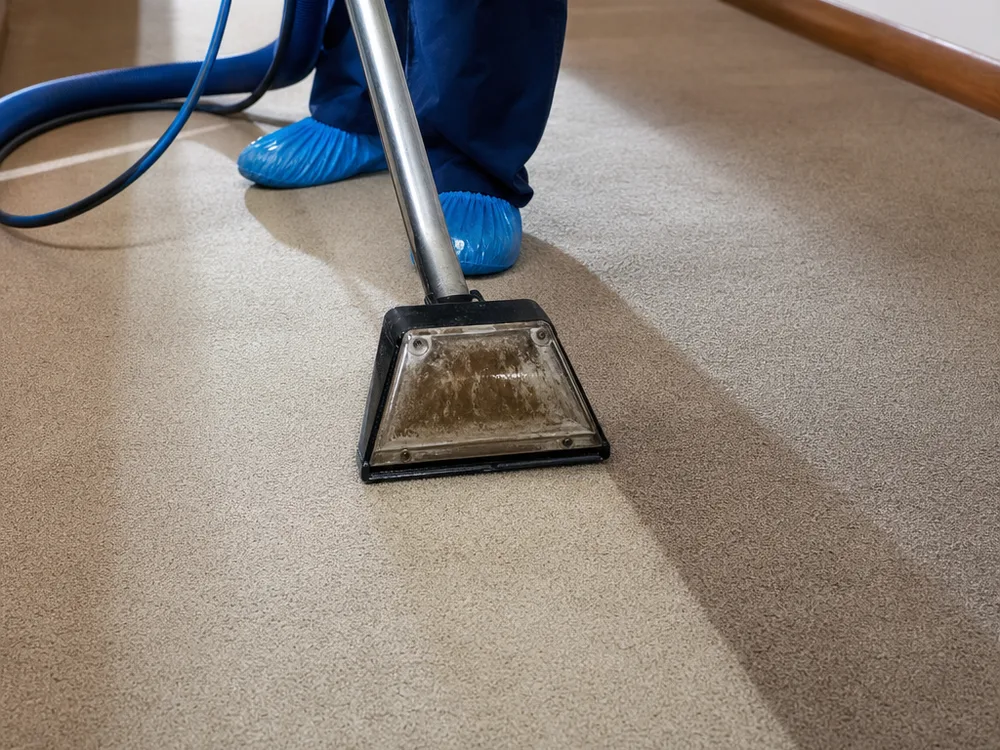 Carpet extraction wand cleaning a high-traffic hallway with a visible contrast between cleaned and uncleaned carpet