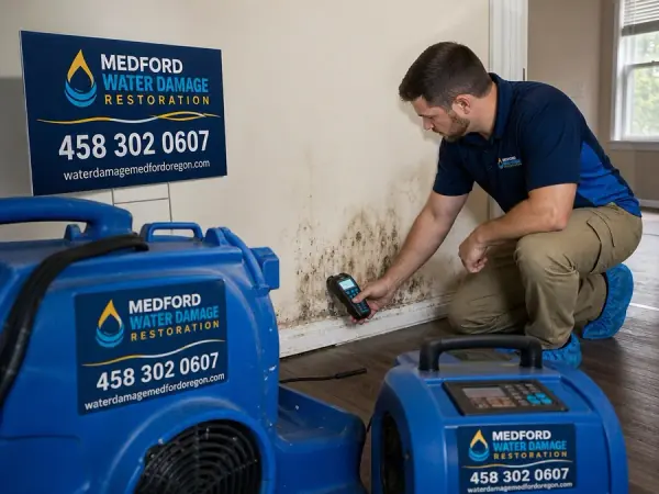 Technician checking moisture in a water-damaged Medford property