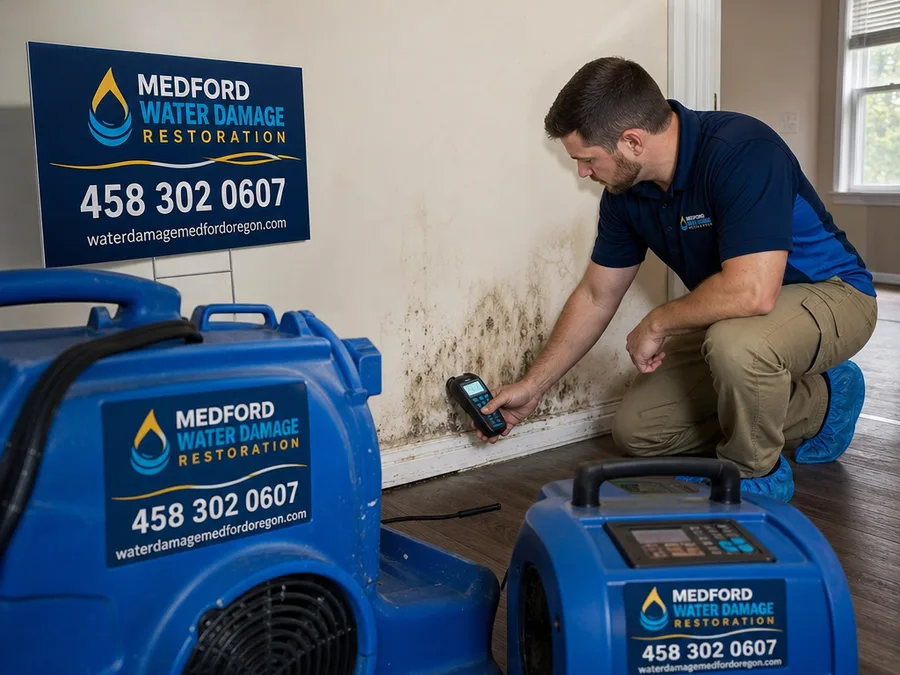 Technician checking affected baseboards and drywall with a moisture meter