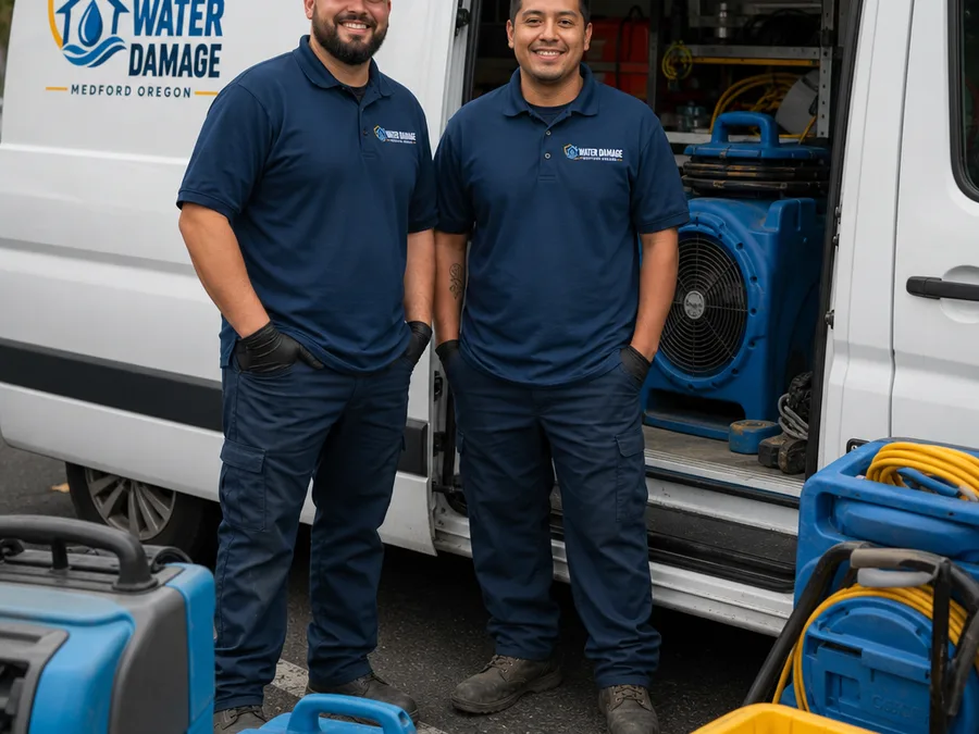 Water damage restoration crew beside a service vehicle with drying equipment